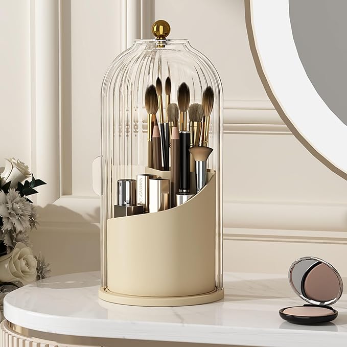 Aurielle Makeup Brush Holder with Lid – Rotating Dustproof Organizer